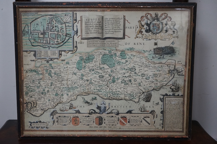 After John Norden (c.1547-1625), hand coloured map of Sussex, sold by I S & George Humble, 40 x 52cm. Condition - fair